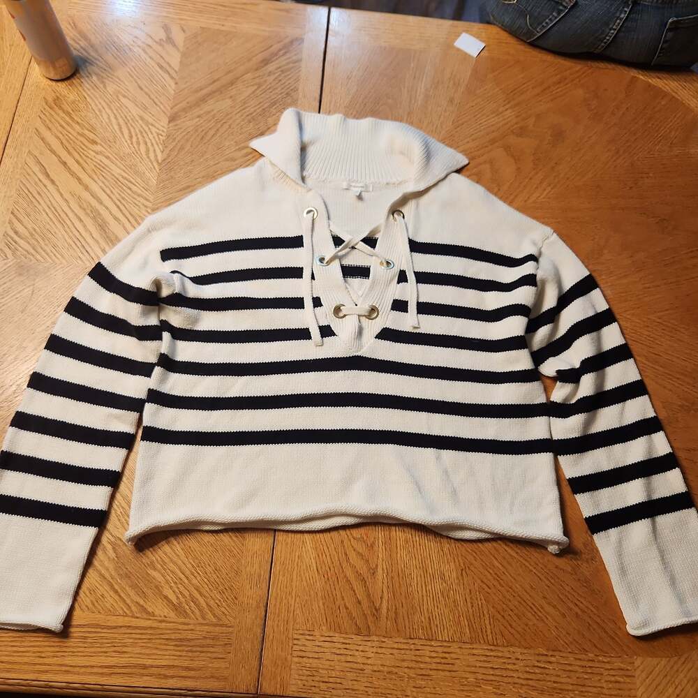 Stripe Lace Up Collared Sweater - image 2